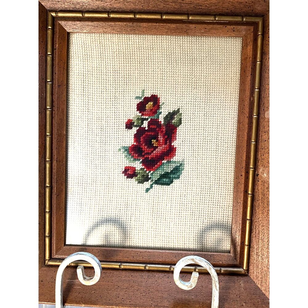 Beautiful vintage framed rose needlepoint; 1964 - ready to hang - Picture 2 of 4